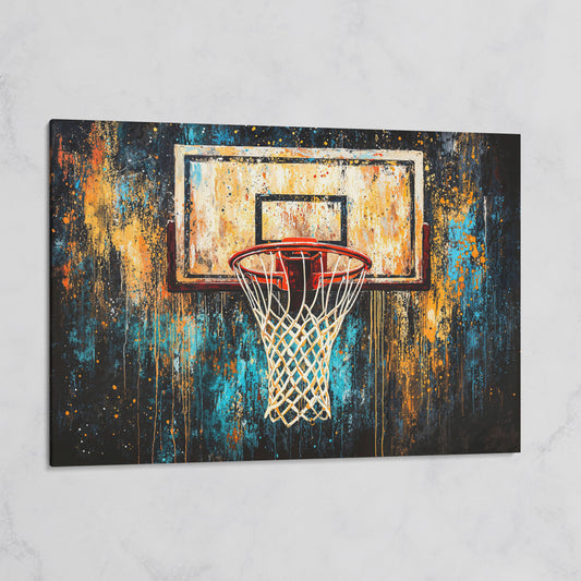 Abstract Basketball Hoop Canvas with Burnt Sienna and Teal on gallery wrap