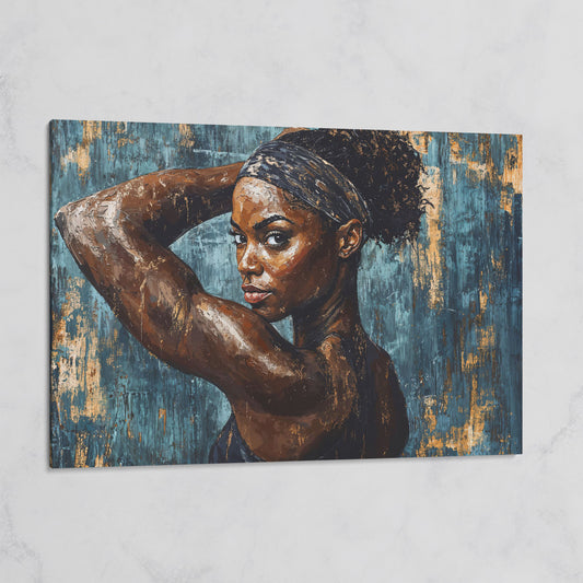 Athletic Black Girl Portrait Canvas in Teal and Burnt Umber on gallery wrap