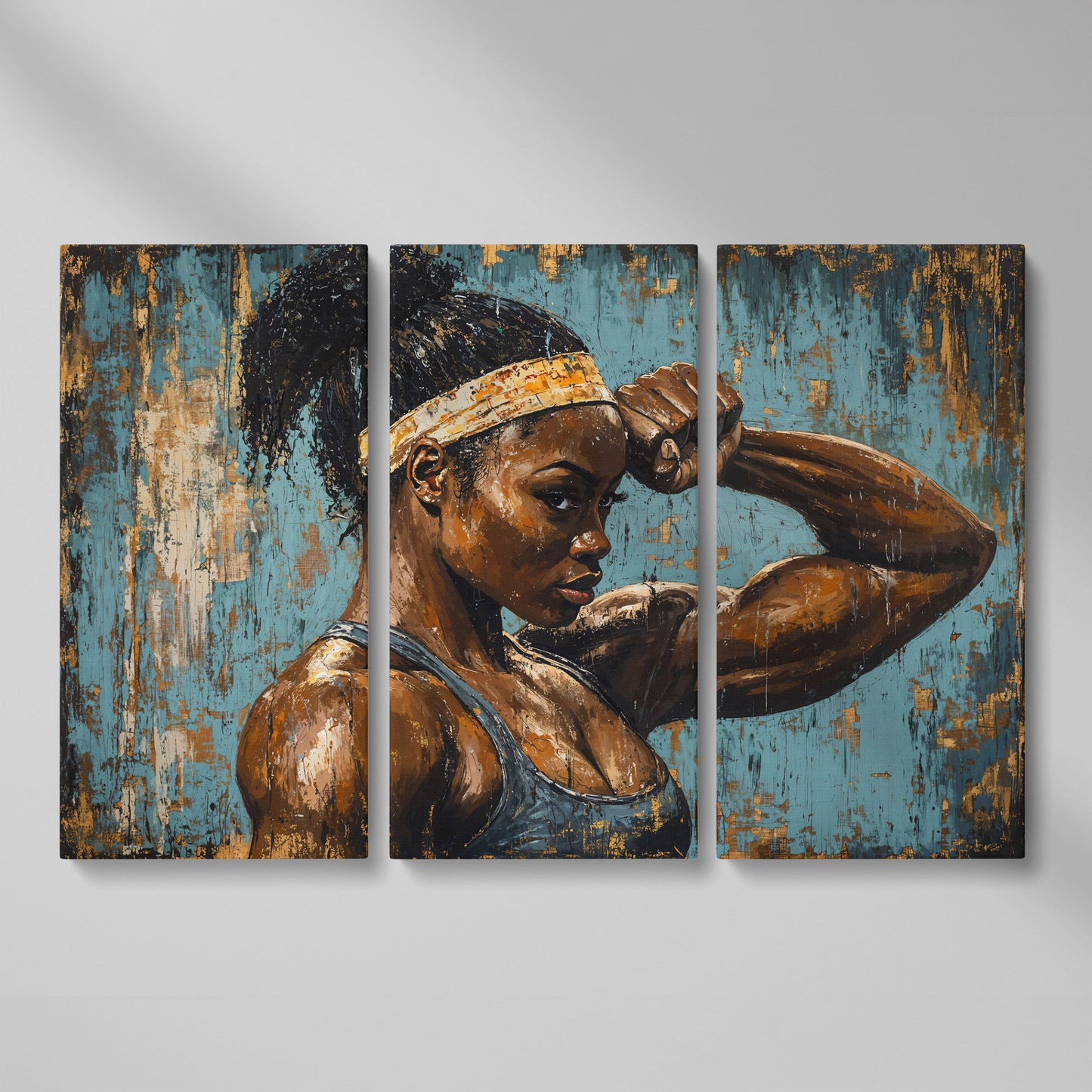 Muscular Female Athlete Canvas Print with Teal and Gold as 3-panel split version