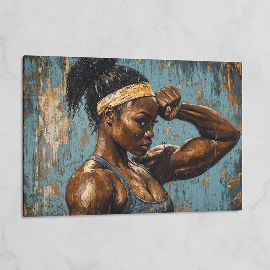 Muscular Female Athlete Canvas Print with Teal and Gold on gallery wrap