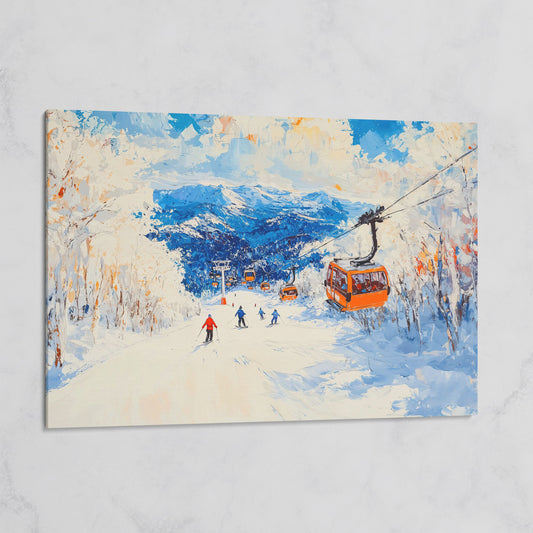 Snowy Mountain Ski Resort Canvas with Cerulean Sky on gallery wrap