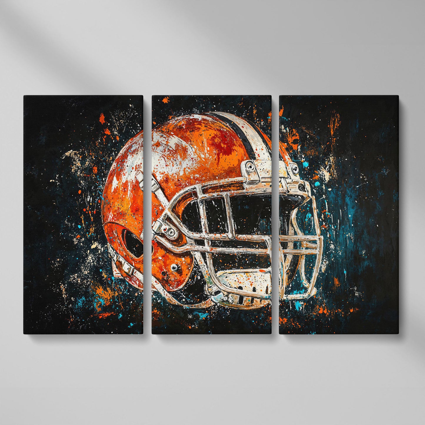 Football Helmet Abstract Canvas in Burnt Orange and Teal as 3-panel split version