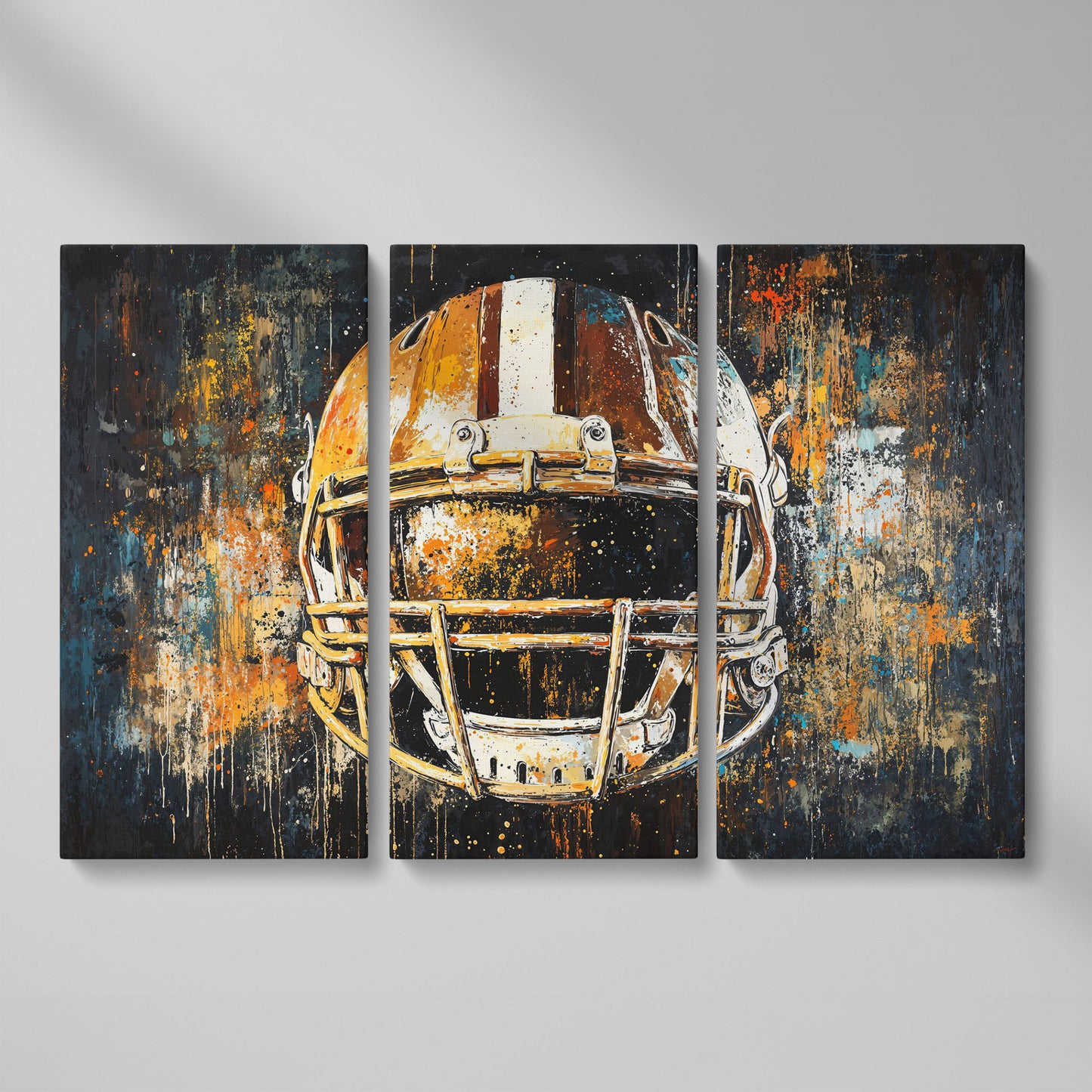 Abstract Football Helmet Canvas in Sienna and Charcoal as 3-panel split version