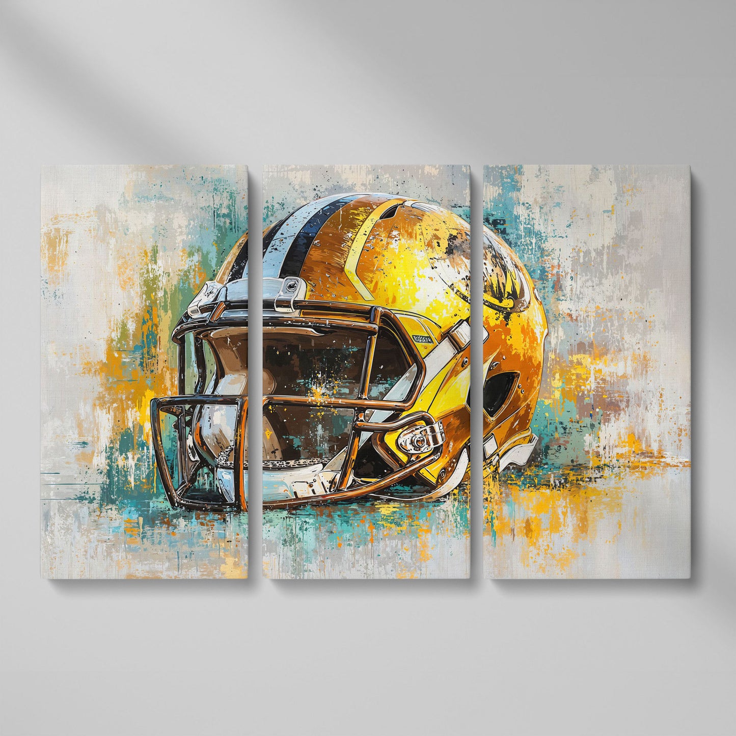 Gold & Teal Football Helmet Canvas Print as 3-panel split version