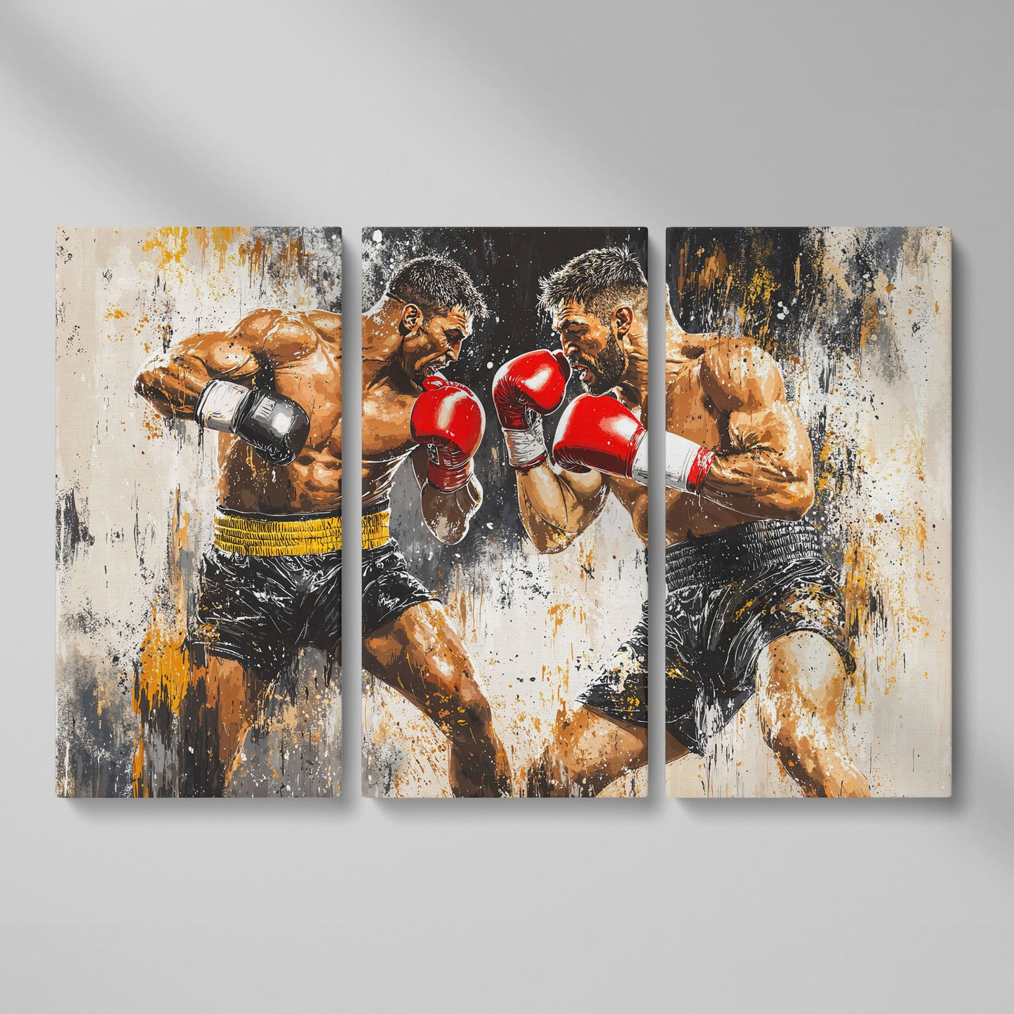 Boxing Match Canvas. Two Fighters in Dynamic Tension as 3-panel split version