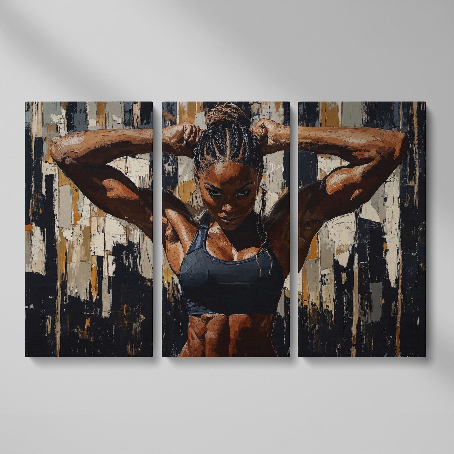 Muscular Woman Portrait Canvas. Espresso & Charcoal as 3-panel split version