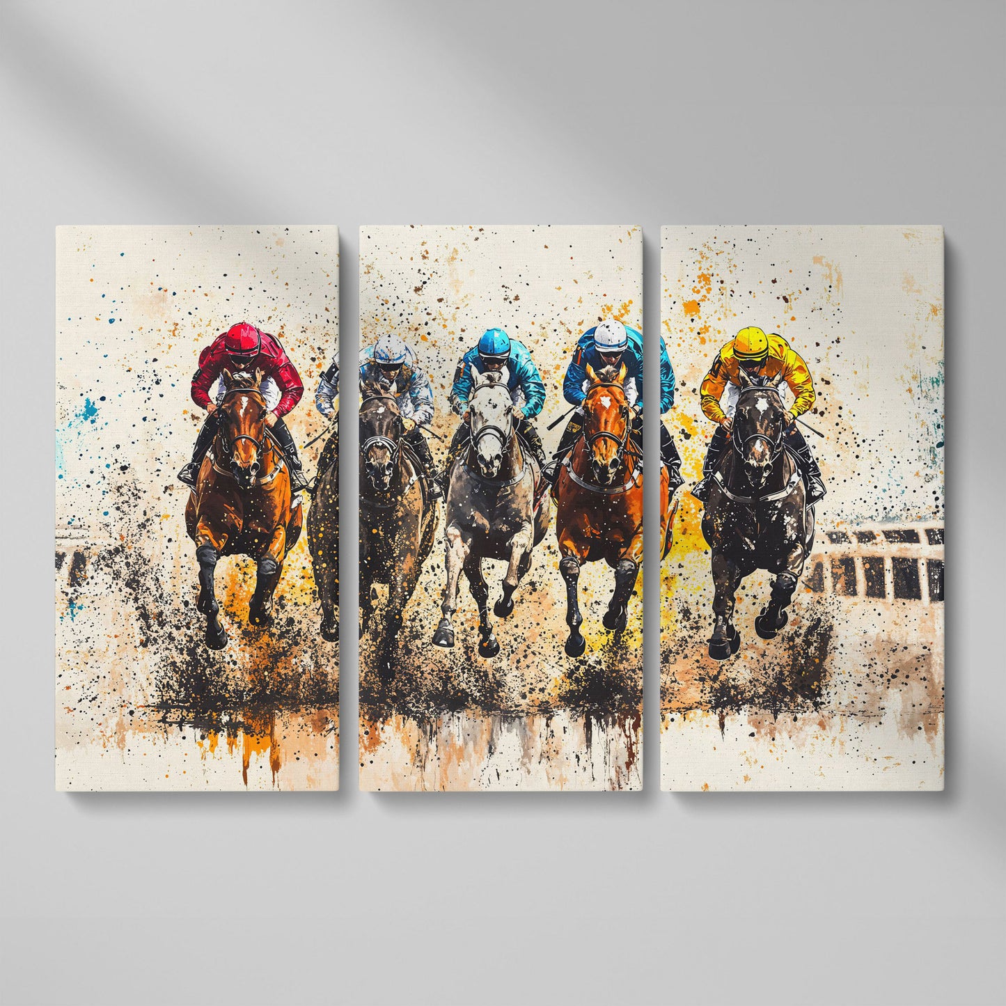 Vivid Jockeys Horse Racing Canvas as 3-panel split version