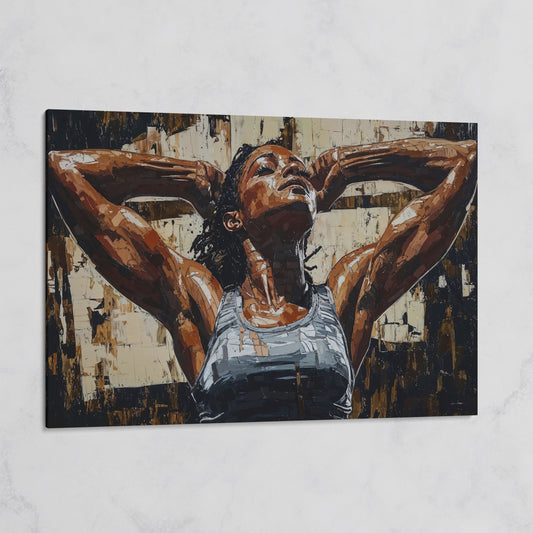 African American Woman Athlete Canvas Art in Umber and Ivory on gallery wrap