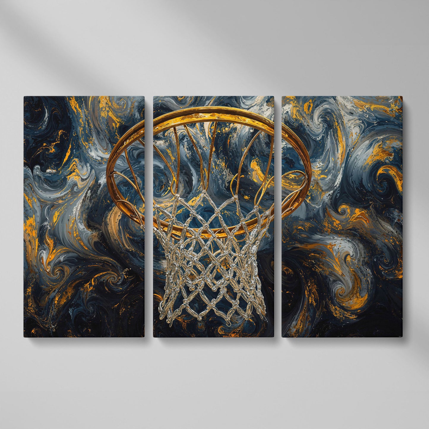 Basketball Hoop Canvas with Gold Rim and Silver Net as 3-panel split version