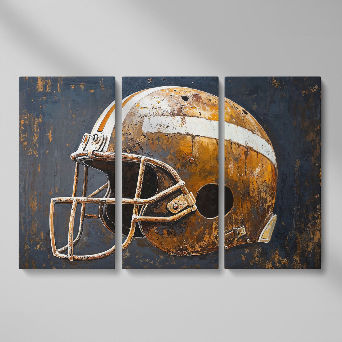 Vintage Football Helmet Canvas Print in Sienna and Charcoal as 3-panel split version