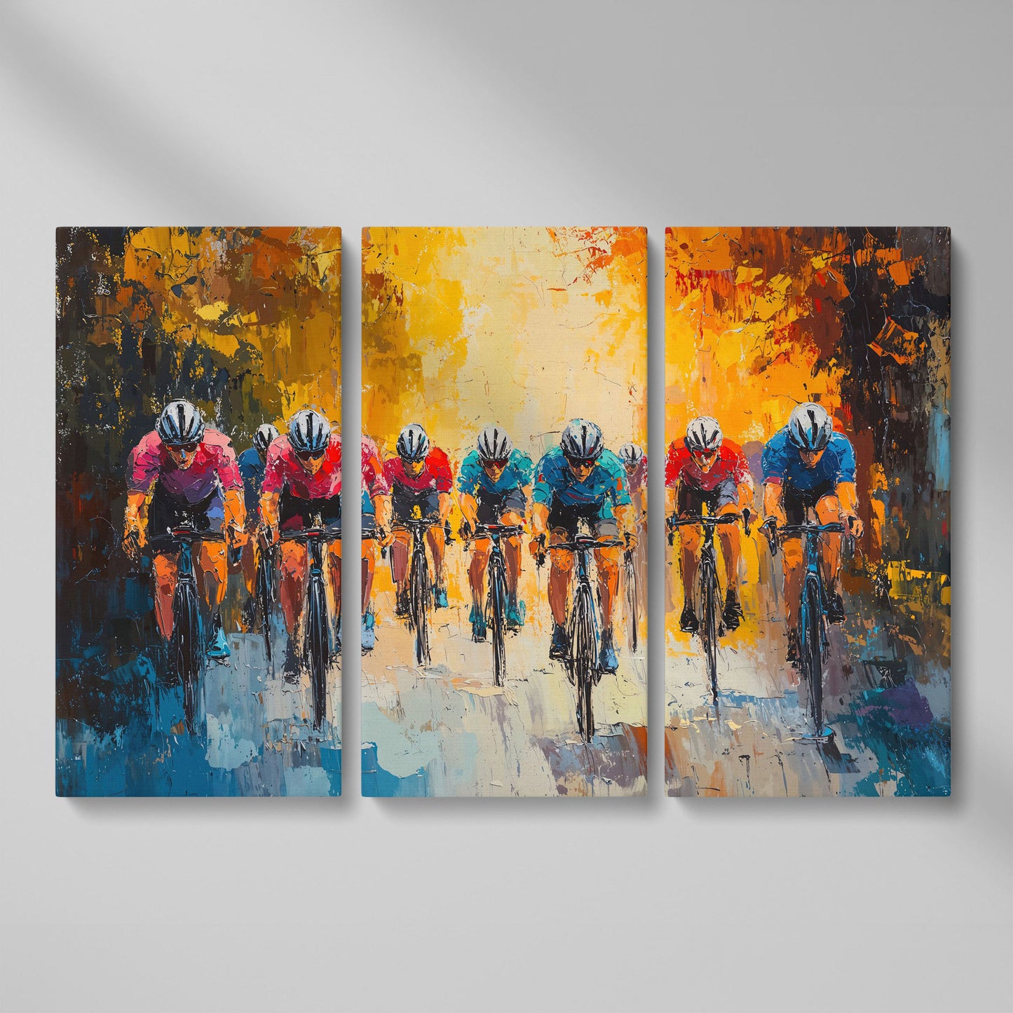 Colorful Cyclists Canvas Print with Teal & Burnt Orange as 3-panel split version