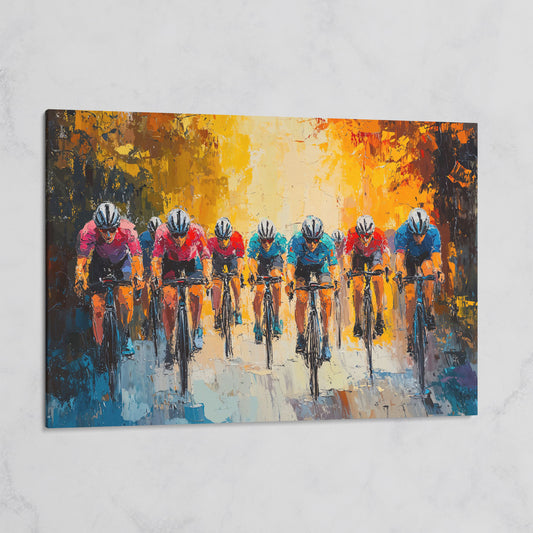 Colorful Cyclists Canvas Print with Teal & Burnt Orange on gallery wrap