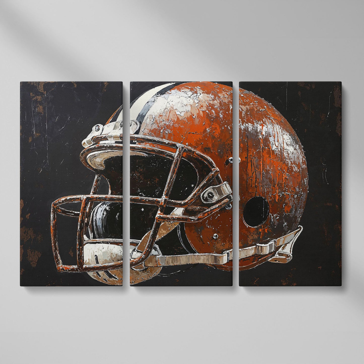 Vintage Football Helmet on Burnt Sienna Canvas as 3-panel split version