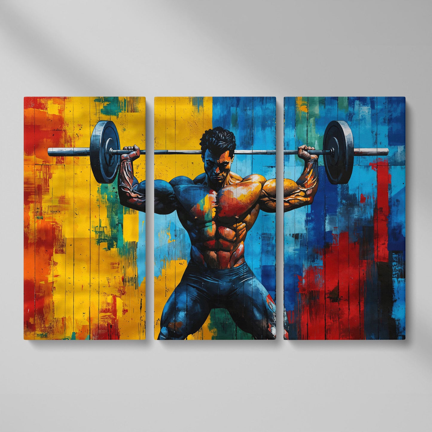 Colorful Bodybuilder Canvas Print for Home Gym as 3-panel split version