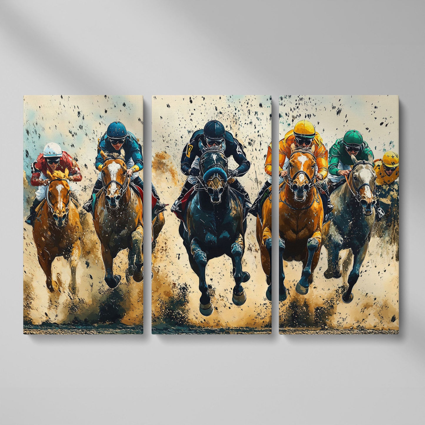 Modern Horse Racing Canvas, Teal and Ochre Equestrian Art as 3-panel split version