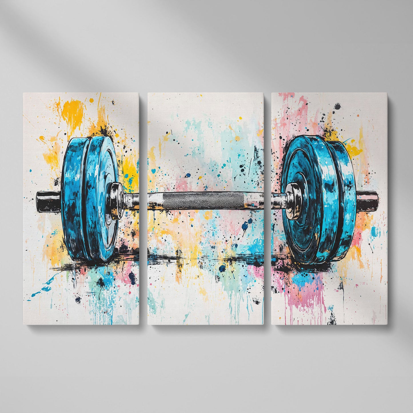 Colorful Dumbbell Canvas Print for Workout Rooms as 3-panel split version
