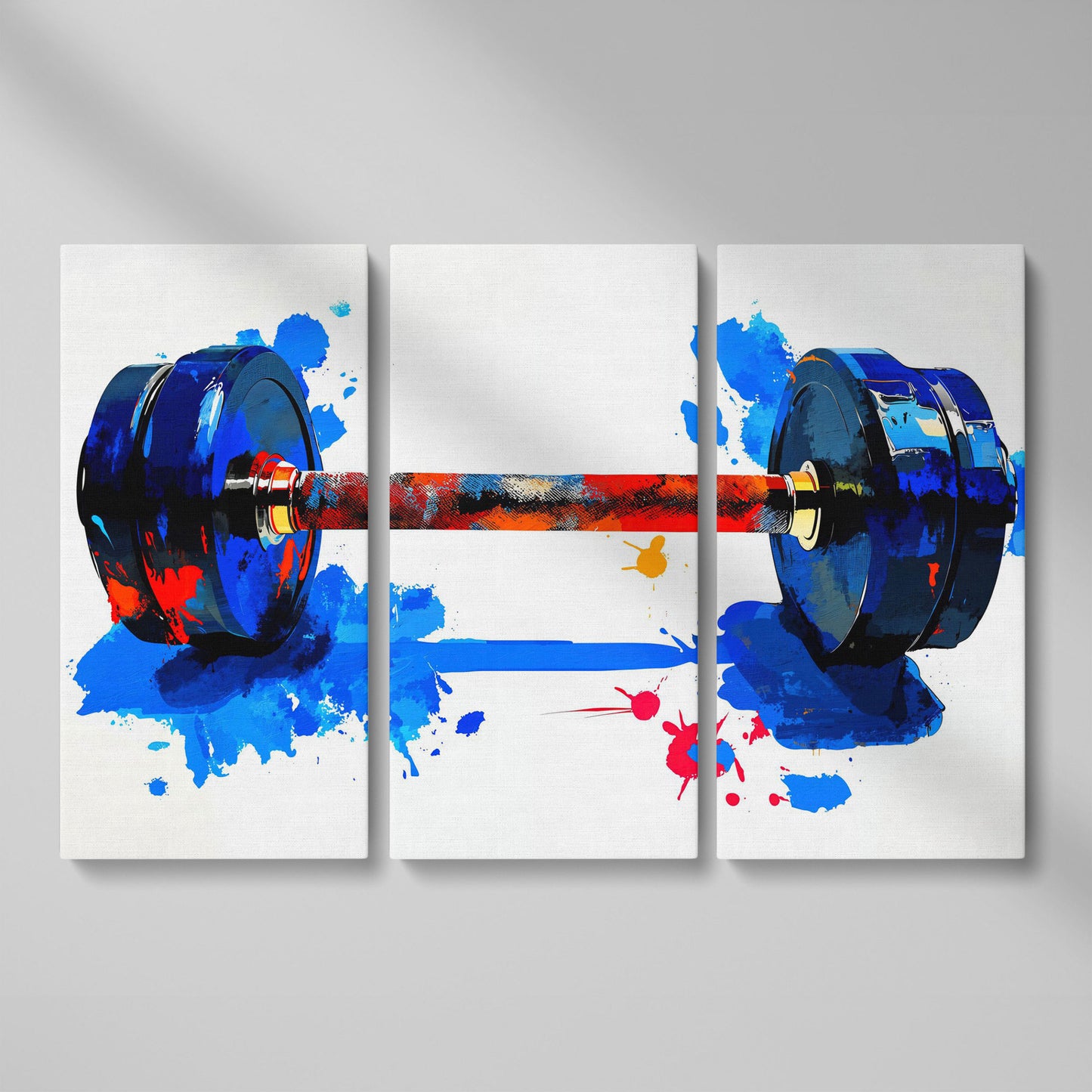 Colorful Dumbbell Canvas Print for Home Gym Walls as 3-panel split version