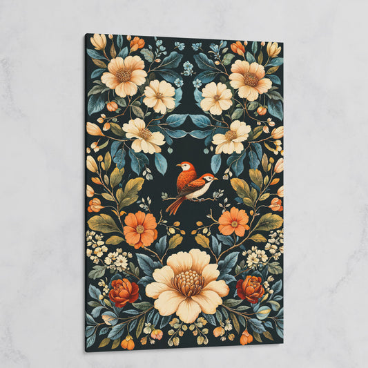Botanical Bird and Floral Canvas Print on gallery wrap