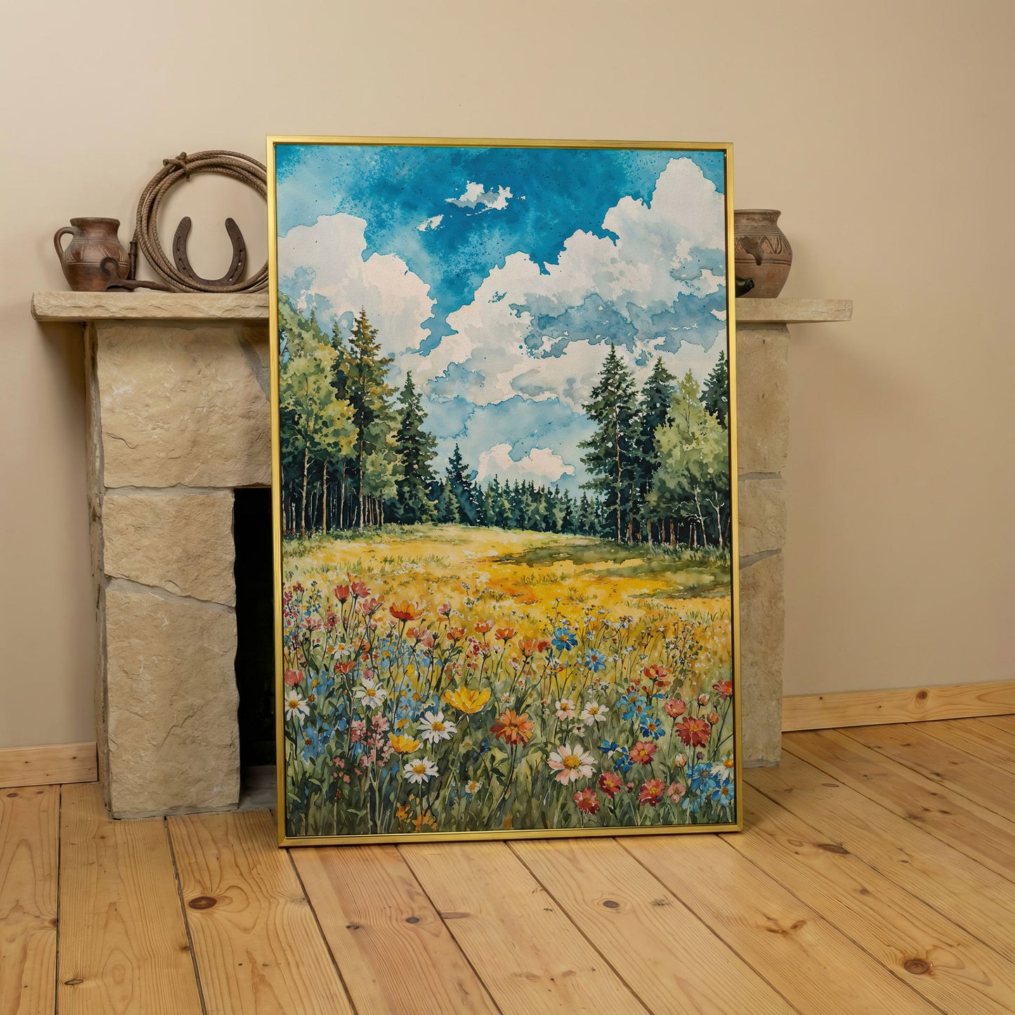 Wildflower Summer Landscape Canvas Art in yellow gold floating frame