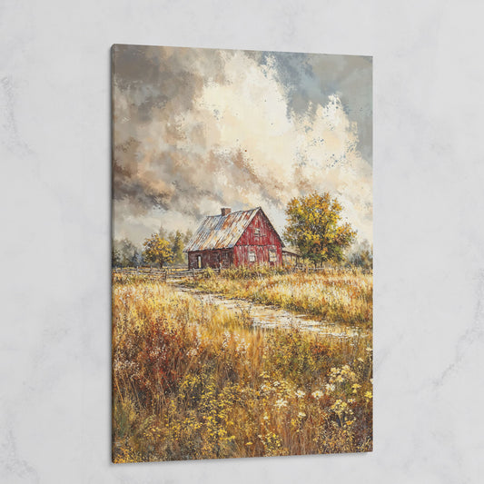Red Barn in Autumn Fields Canvas Print on gallery wrap
