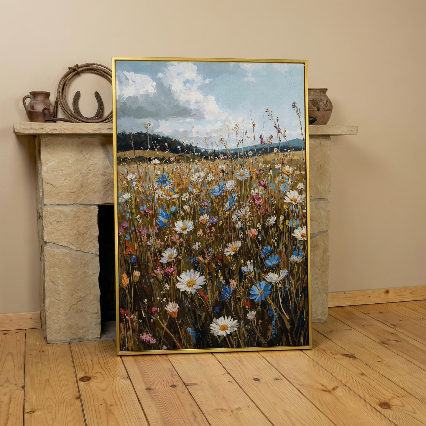 Summer Meadow with Wildflowers Canvas in yellow gold floating frame