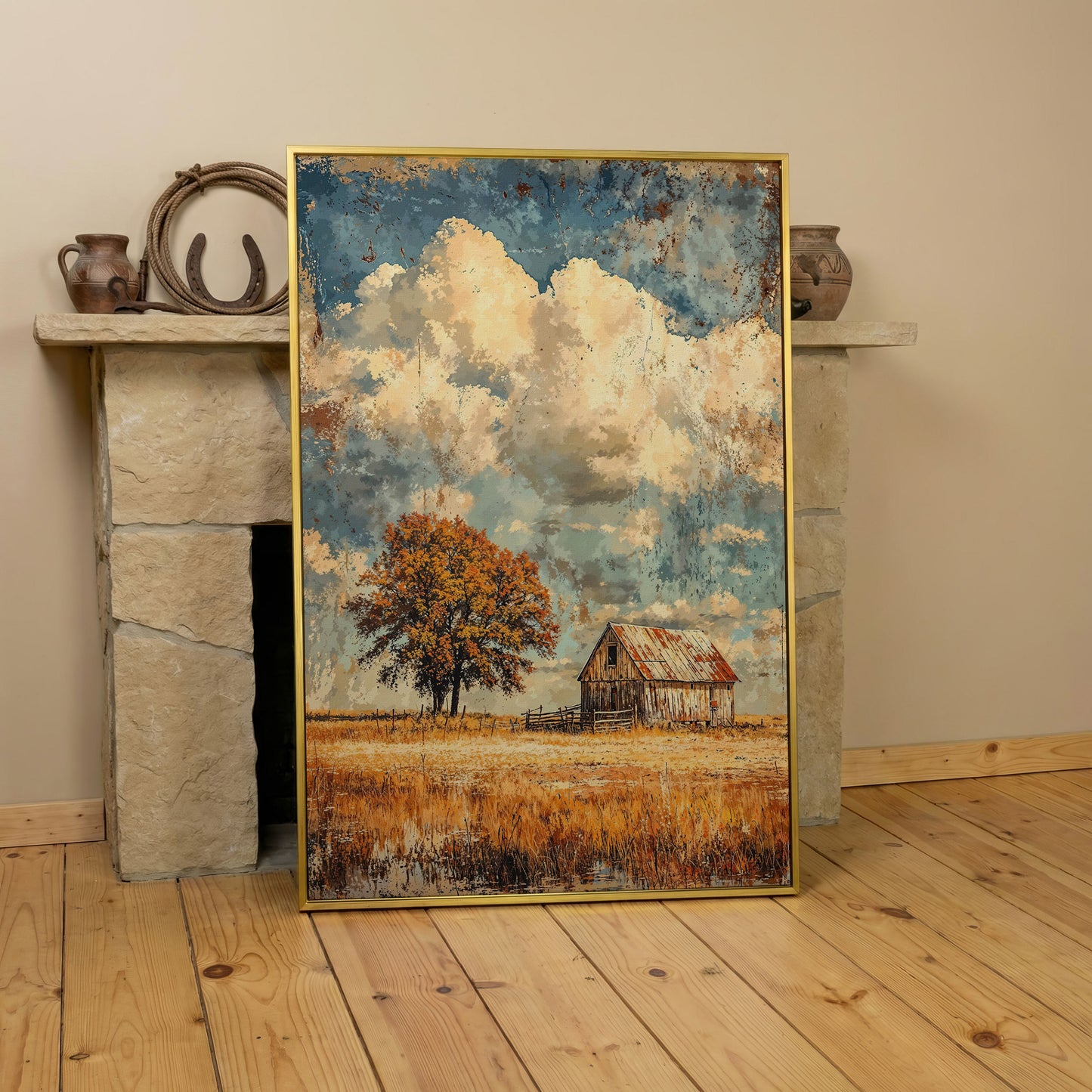 Vintage Barn in Autumn Landscape Canvas Wall Art in yellow gold floating frame