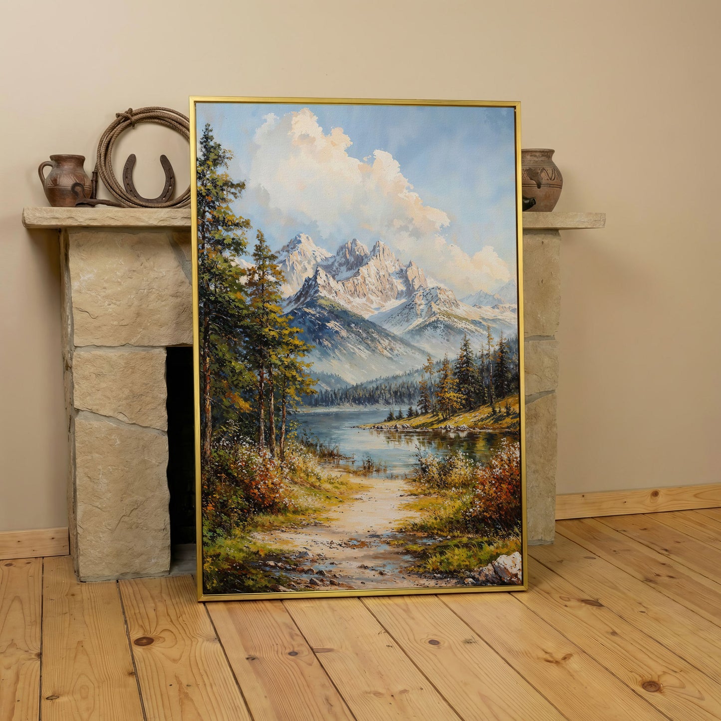 Alpine Lake with Snow Peaks Canvas Print in yellow gold floating frame
