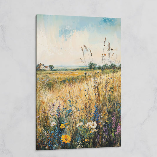 Wildflower Field and Golden Prairie Landscape Canvas Art on gallery wrap