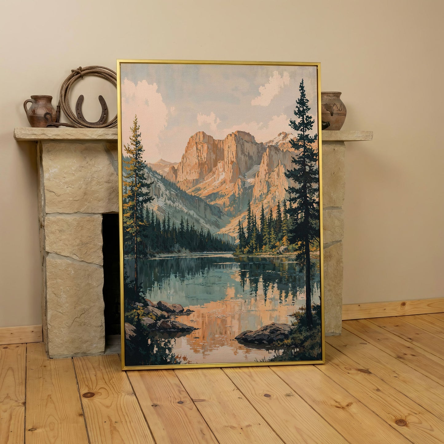 Tranquil Mountain Lake Canvas Print in yellow gold floating frame