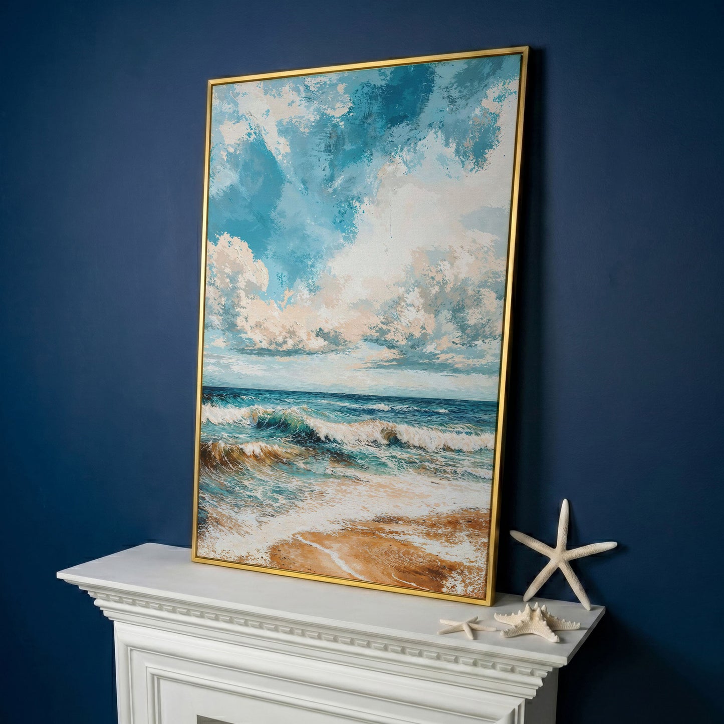 Tranquil Beach Scene Canvas Print in yellow gold floating frame