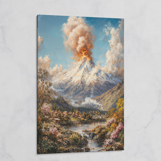 Erupting Volcano Over a Winter Lake, Canvas Wall Art on gallery wrap