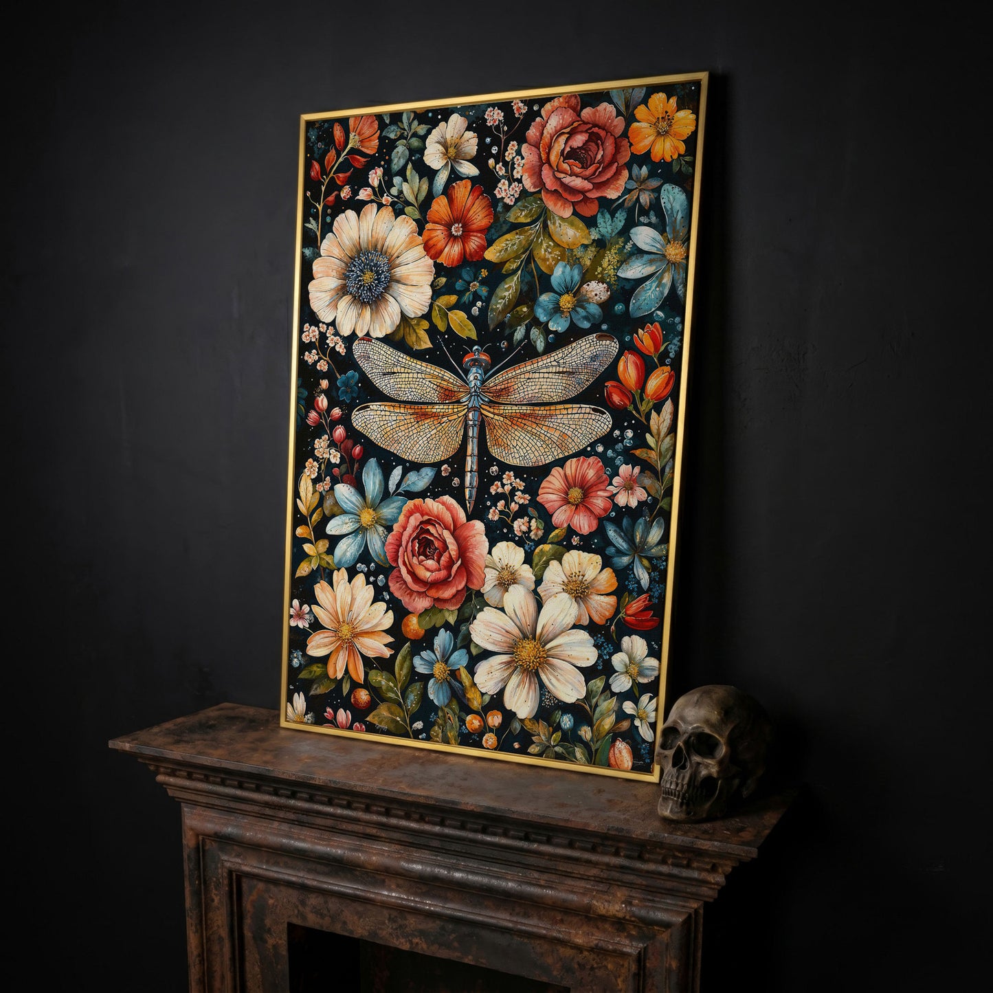 William Morris Dragonfly and Floral Canvas in yellow gold floating frame