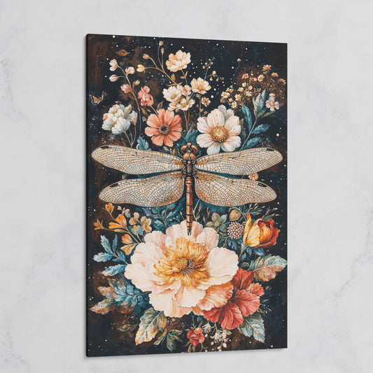 Dragonfly and Floral Fantasy Canvas on gallery wrap