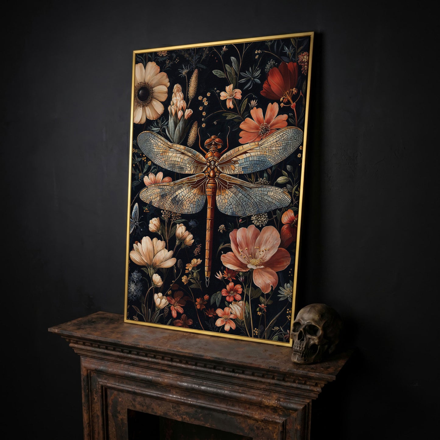 Dragonfly and Floral Canvas Print in yellow gold floating frame