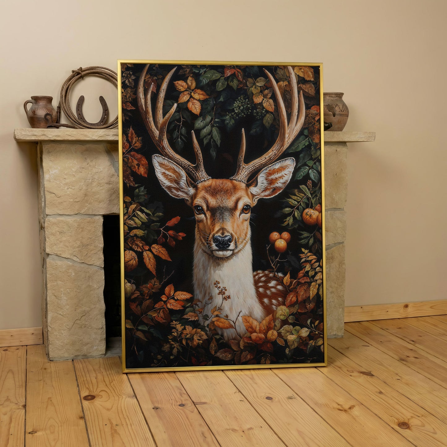 Deer in Autumn Foliage Canvas Wall Art in yellow gold floating frame