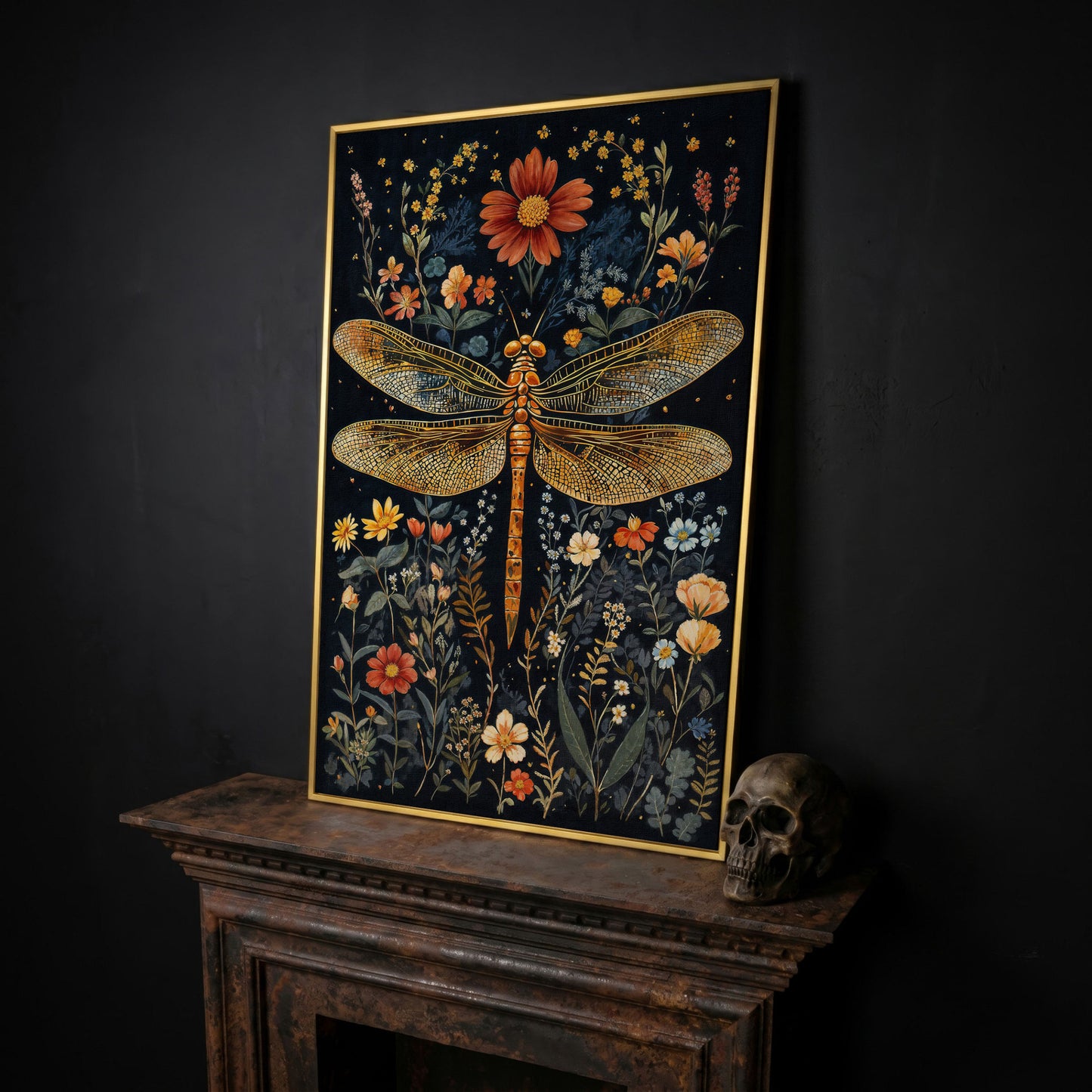 Vibrant Dragonfly Botanical Canvas in yellow gold floating frame