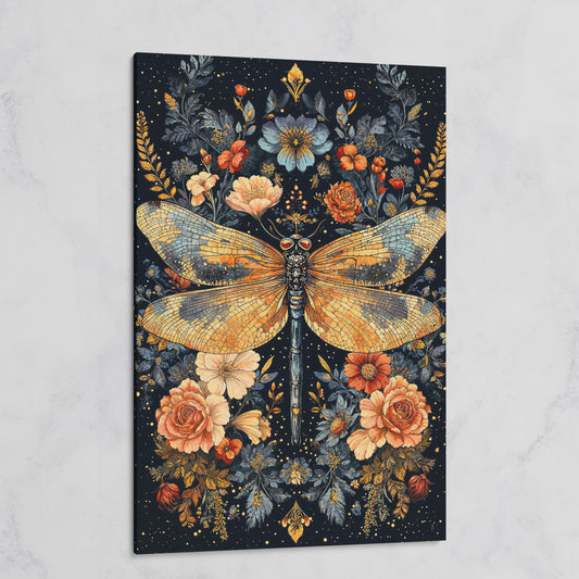 Dragonfly and Floral Botanical Canvas Art on gallery wrap