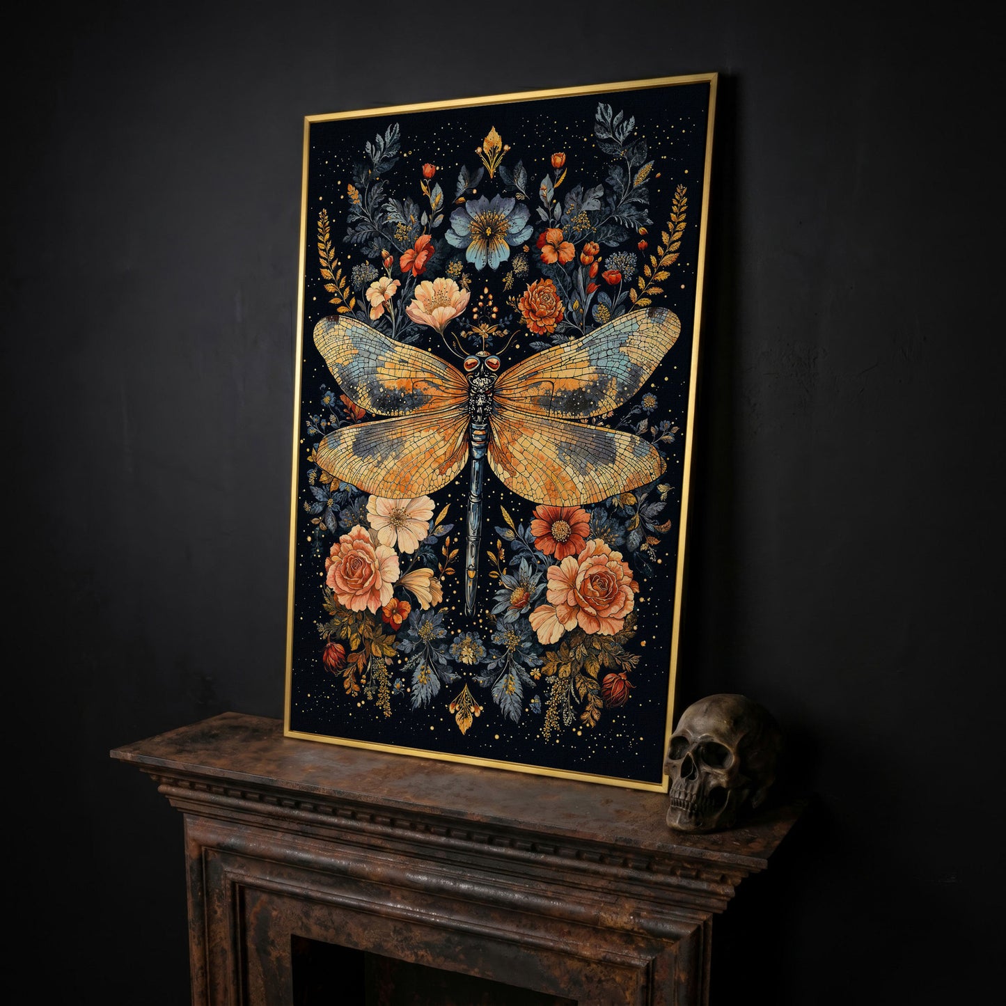 Dragonfly and Floral Botanical Canvas Art in yellow gold floating frame
