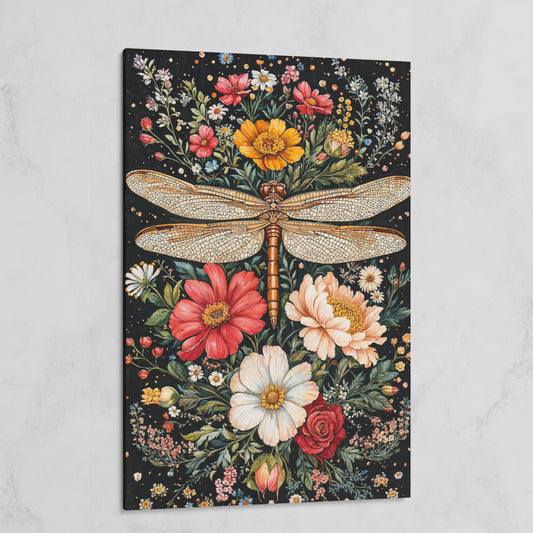 Dragonfly and Floral Canvas Wall Art on gallery wrap