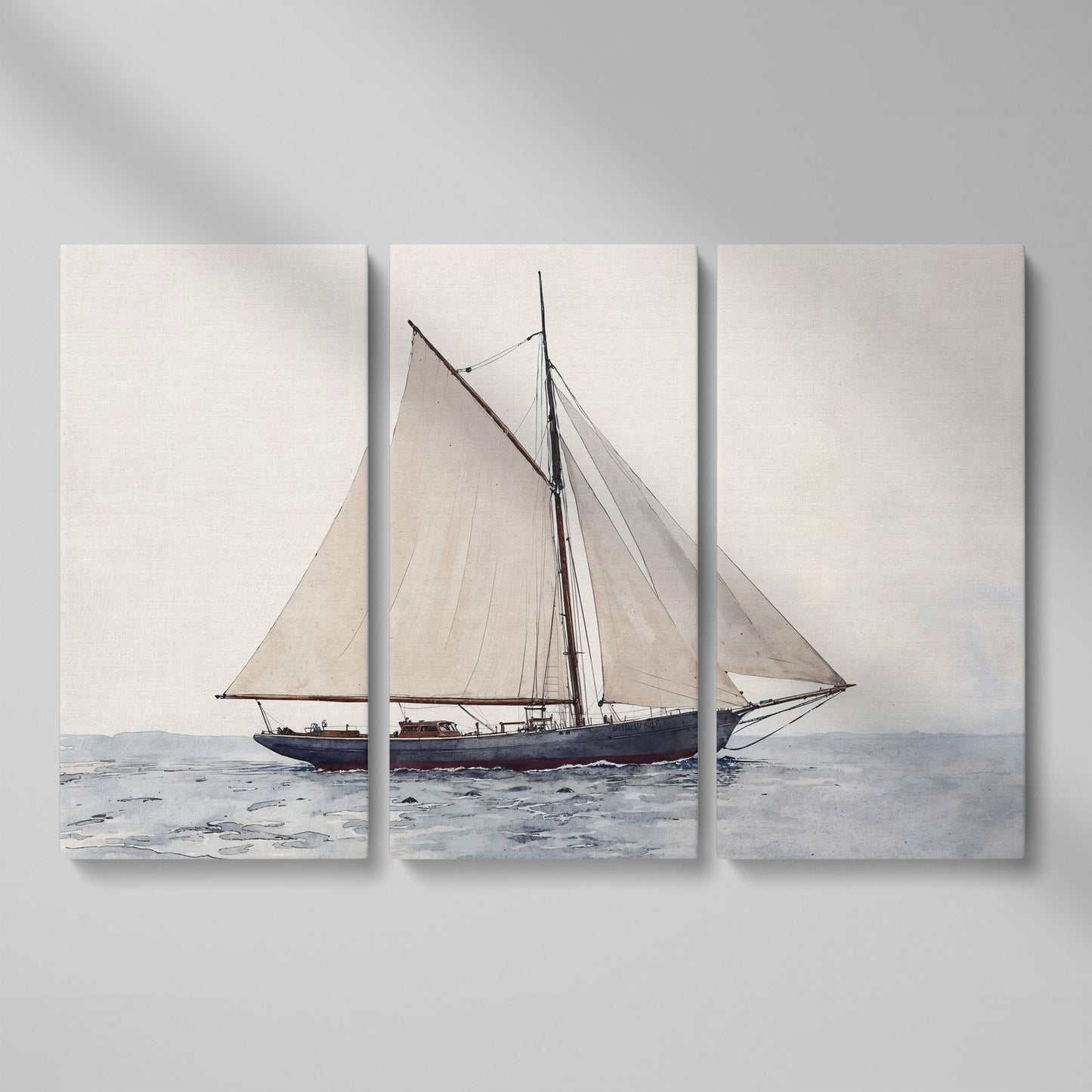Sailing Ship Watercolor Canvas as 3-panel split version