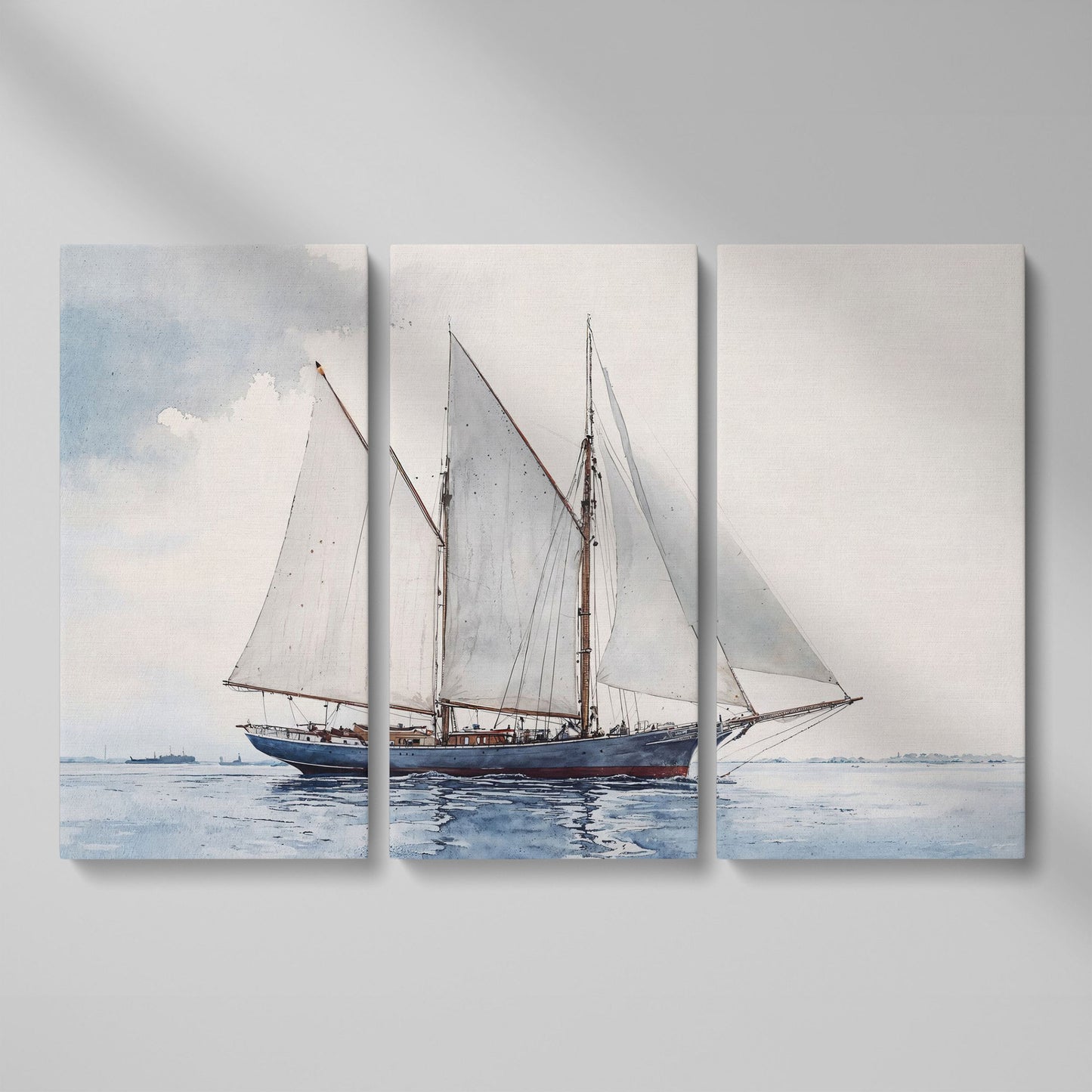 Watercolor Sailboat Canvas Print with Low Horizon as 3-panel split version