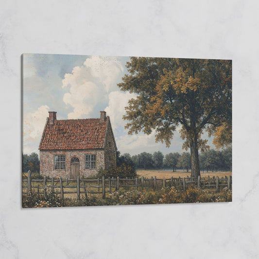 Stone Cottage with Autumn Tree Canvas on gallery wrap