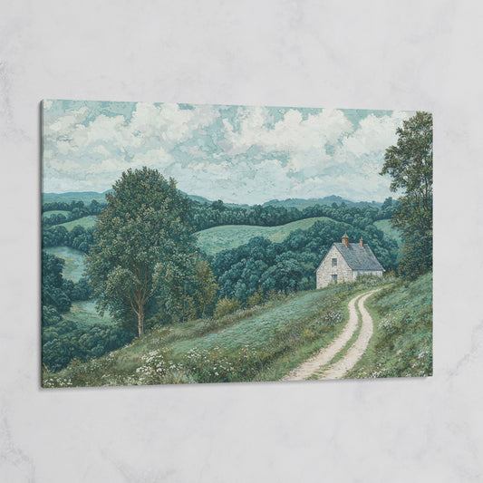 Rural Cottage & Hills Canvas Print. Sage Countryside Landscape on gallery wrap