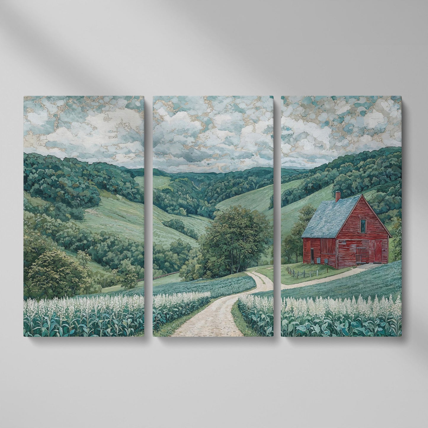 Red Barn & Rolling Hills Canvas Art as 3-panel split version