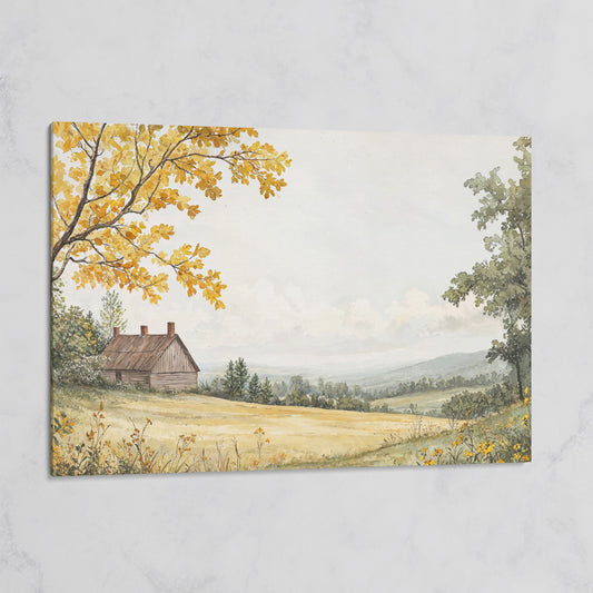 Autumn Cabin Landscape Canvas in Ochre and Sage on gallery wrap