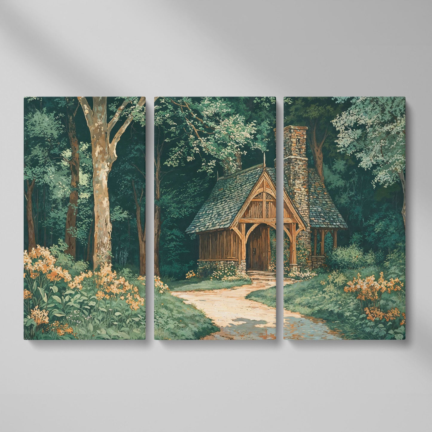 Forest Cabin at the End of a Winding Path Canvas as 3-panel split version