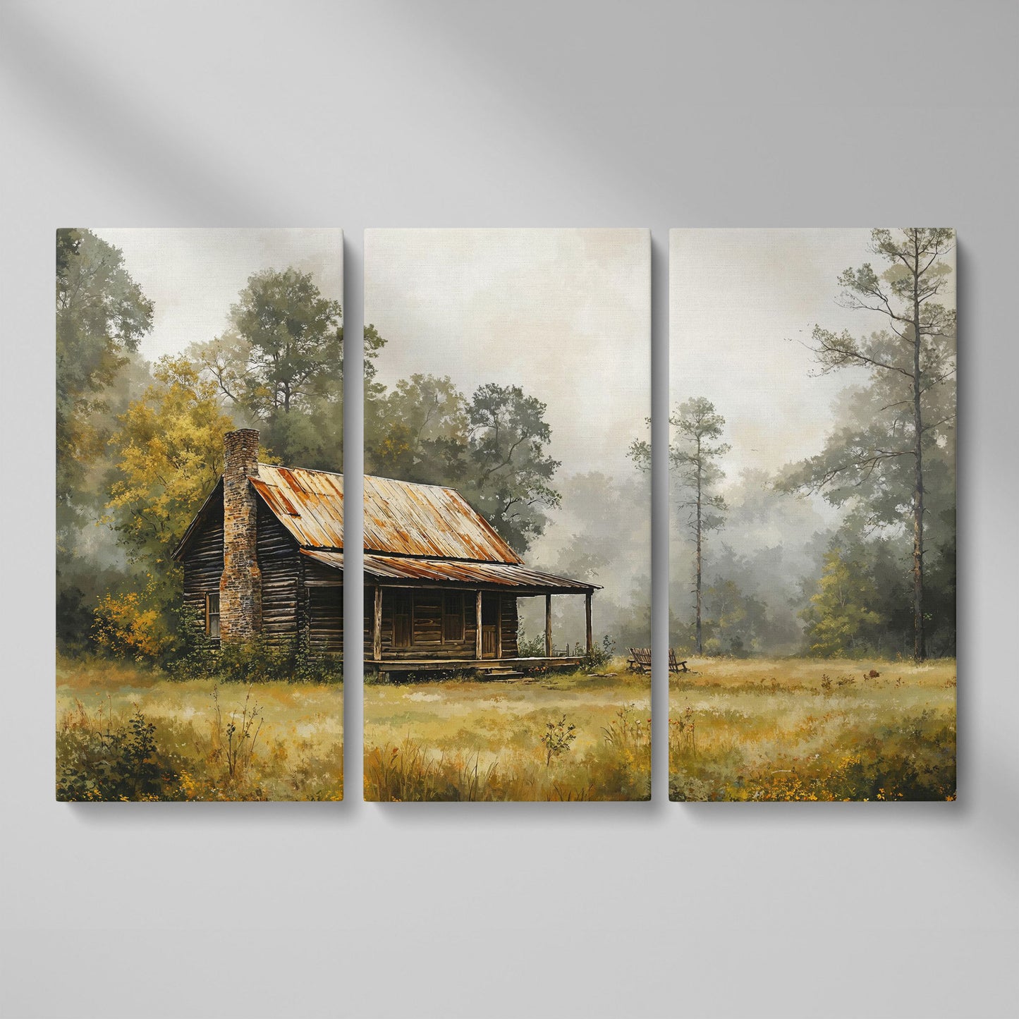 Misty Cabin in the Field Canvas Print as 3-panel split version