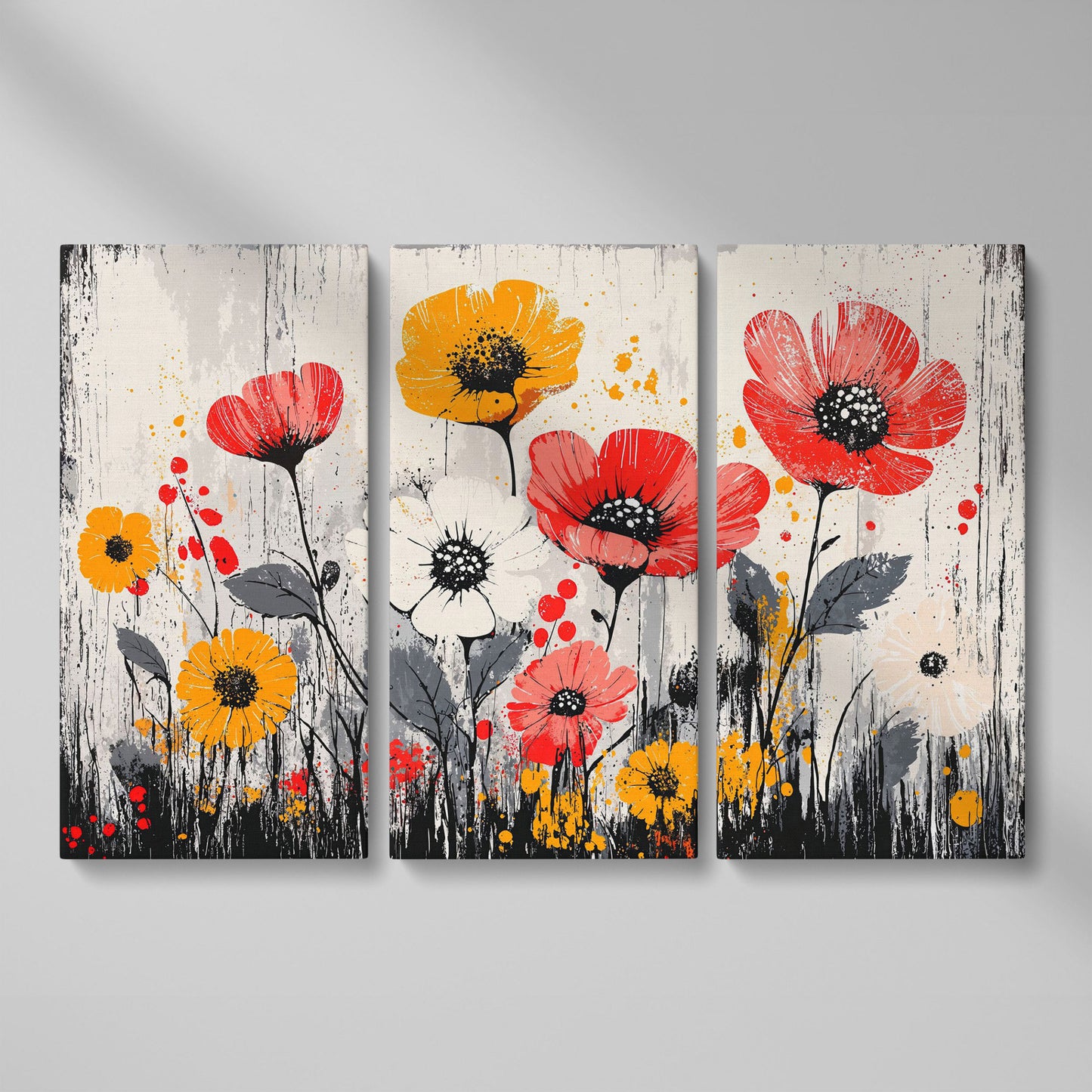 Abstract Poppy Canvas Print in Crimson and Mustard as 3-panel split version
