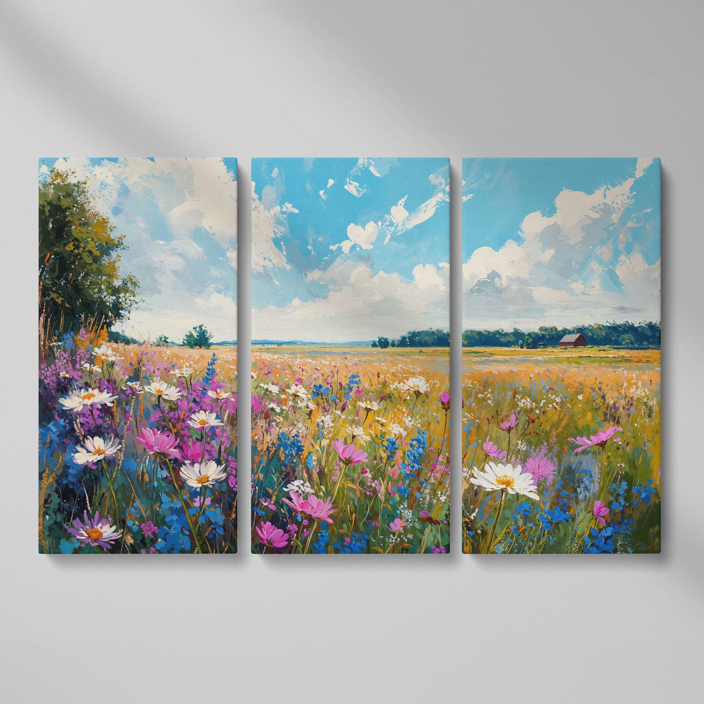 Spring Wildflowers Landscape Canvas Print as 3-panel split version