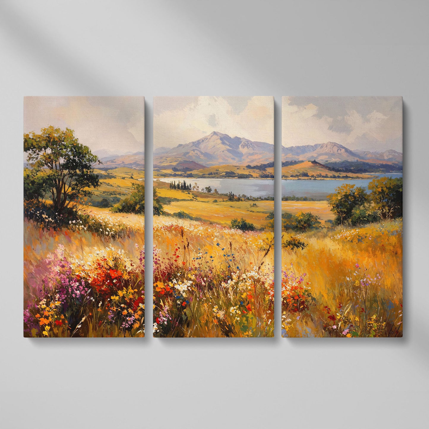 Mountain Lake with Ochre Meadow Canvas as 3-panel split version